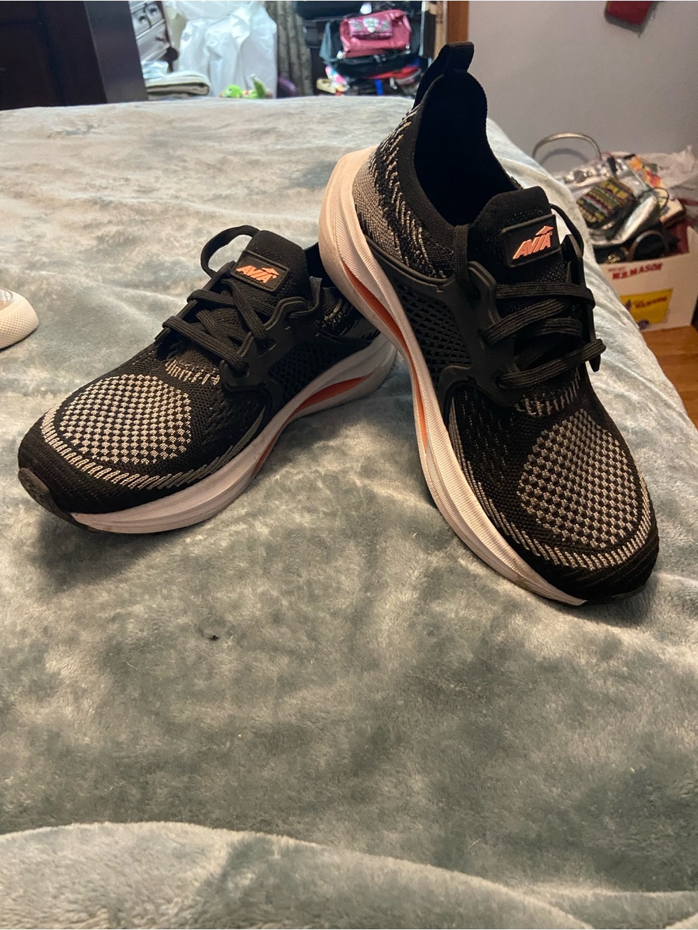 Avia Women's Black & White Knit Athletic Shoes with Orange Accent
